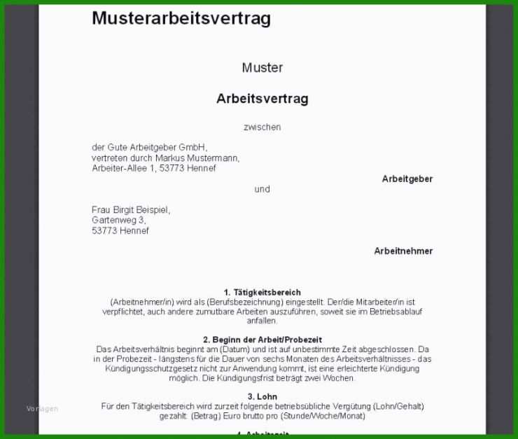 Arbeitsvertrag Muster Kostenlos Downloaden