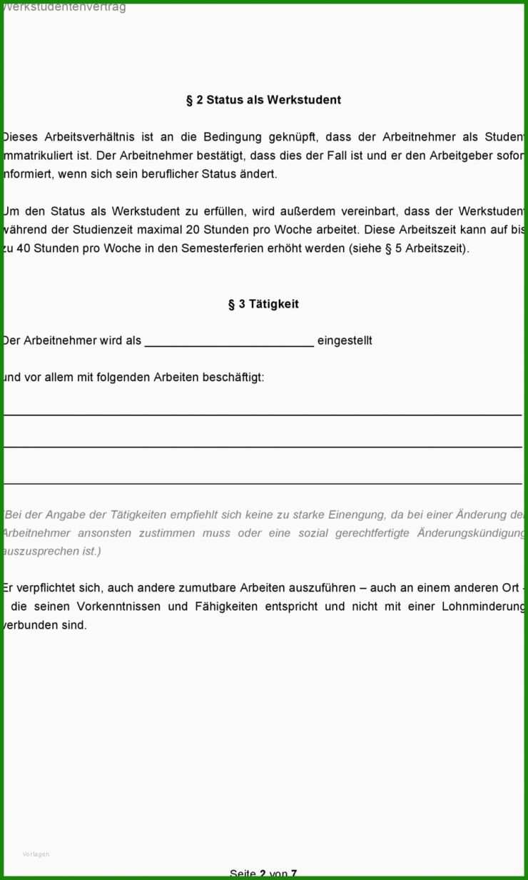 Arbeitsvertrag Werkstudent Vorlage