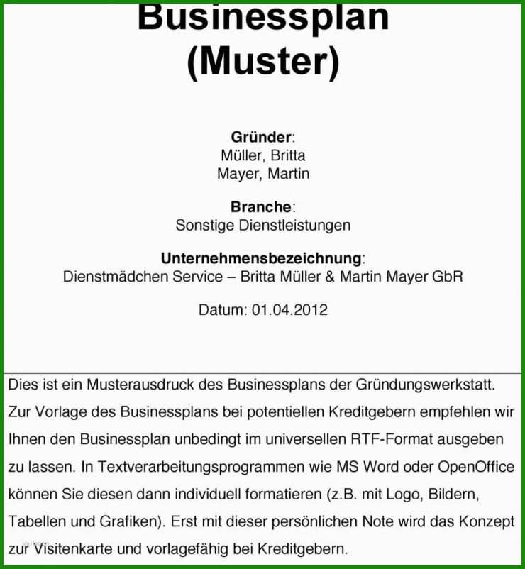 Businessplan Englisch Muster