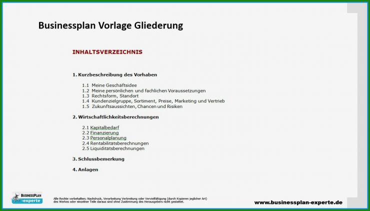 Businessplan Gliederung Vorlage