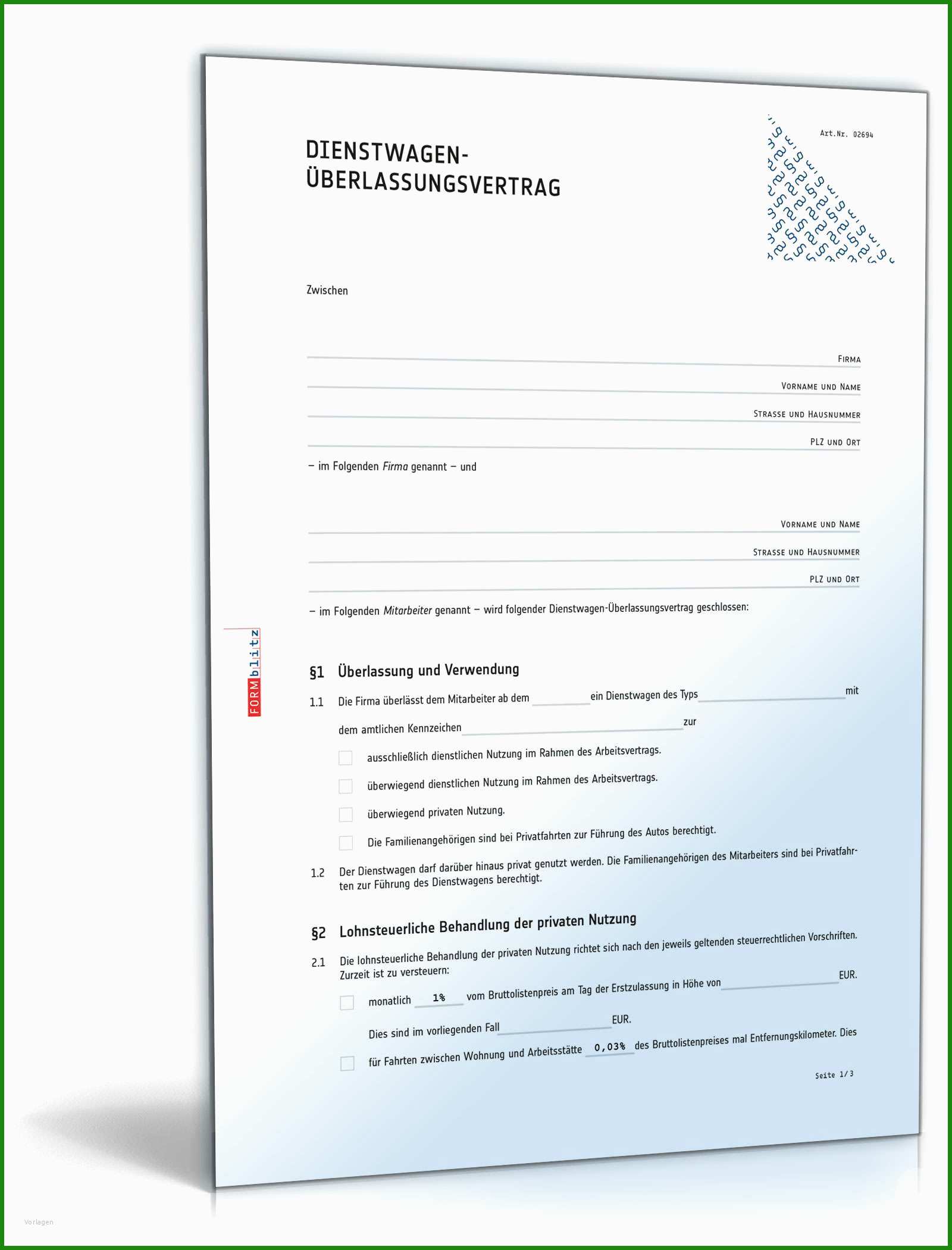 Dienstwagen Arbeitsvertrag Muster - Kostenlose Vorlagen Zum Download!