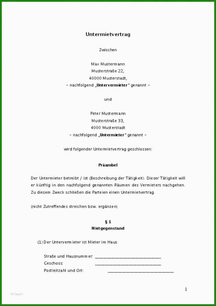 Einfacher Mietvertrag Muster Wohnung