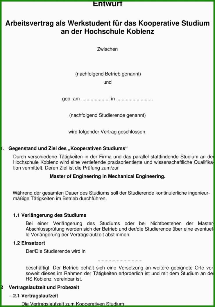 Muster Arbeitsvertrag Werkstudent