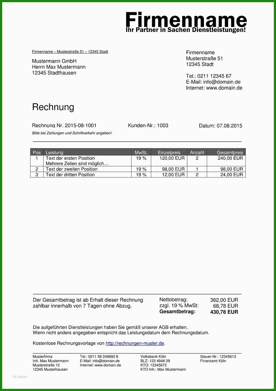 Muster Rechnungsvorlage Kostenlose Vorlagen Zum Download