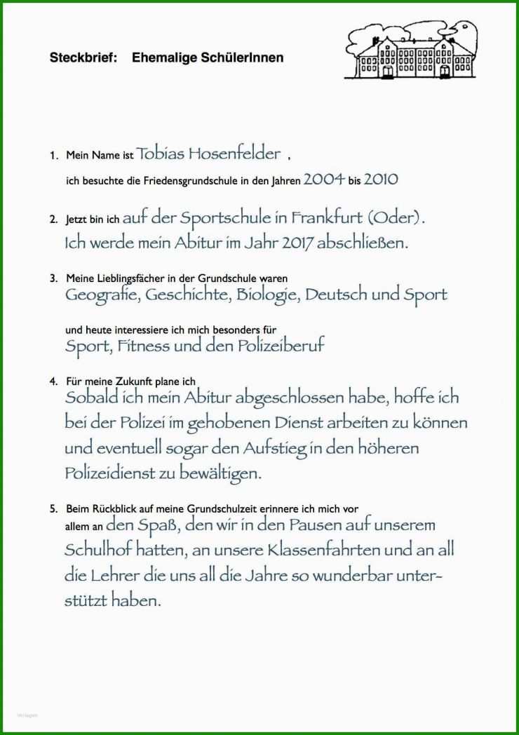 Schüler Steckbrief Vorlage