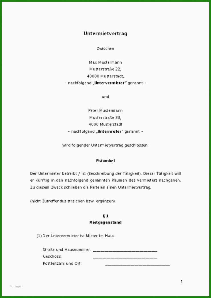 Untermietvertrag Muster Aktuell