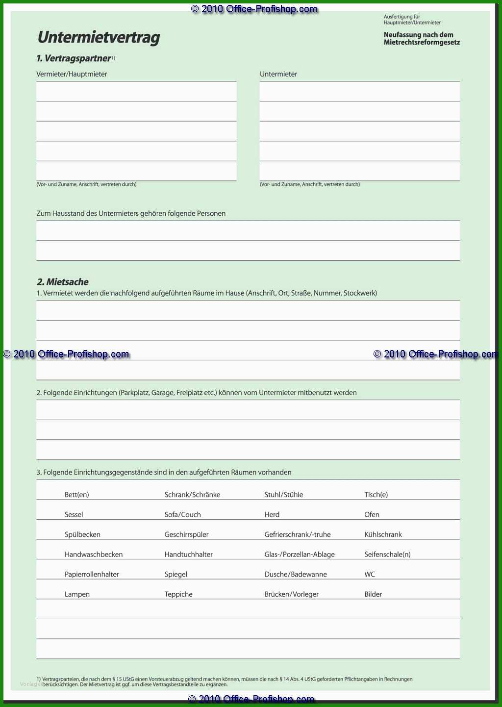 Untermietvertrag Vorlage Zum Drucken - Kostenlose Vorlagen zum Download