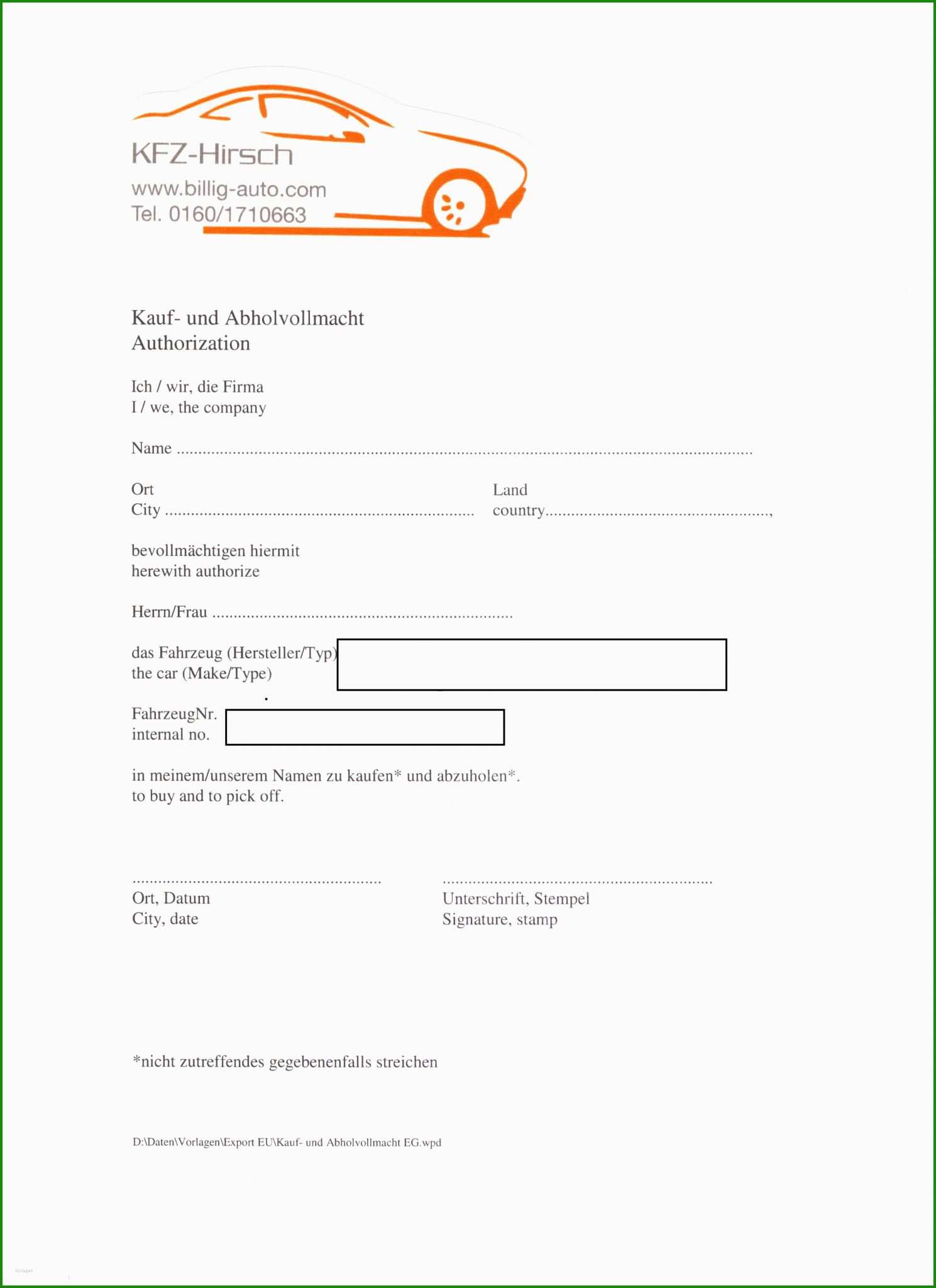 Vollmacht Auto Ausland Muster - Kostenlose Vorlagen Zum Download!