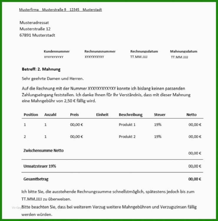 Vorlage 2. Mahnung Rechnung