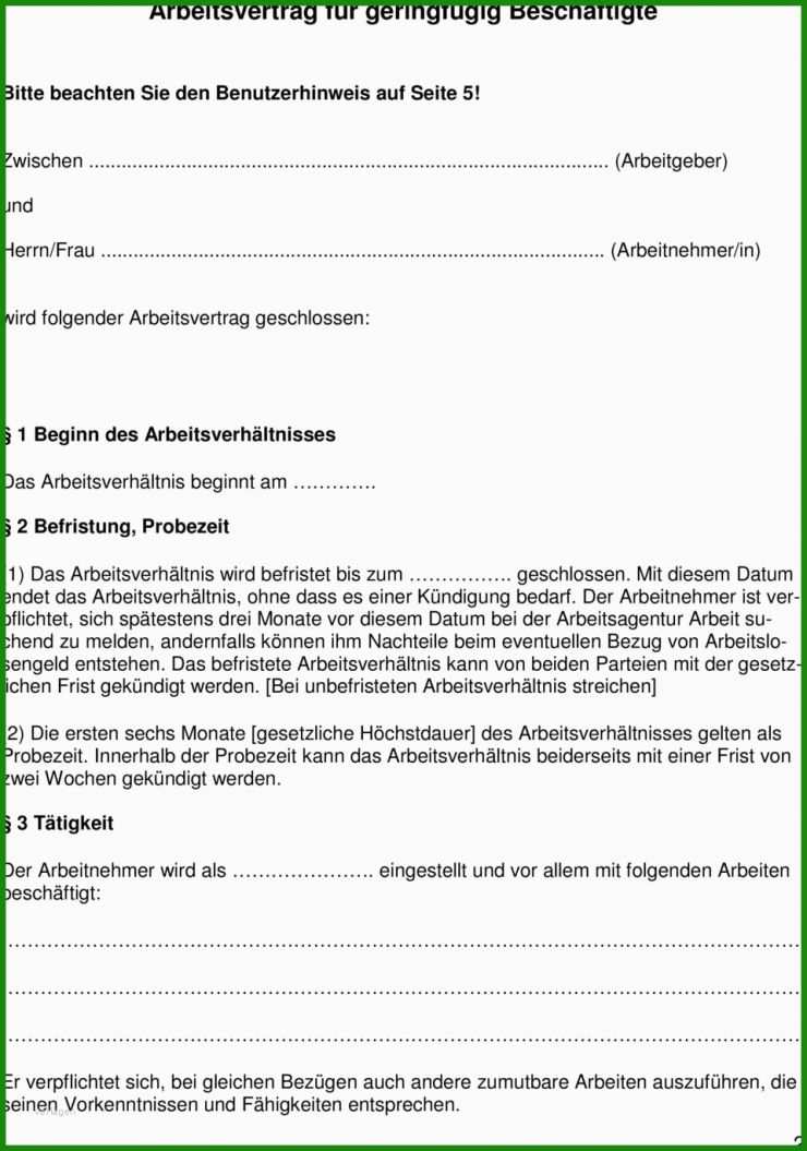 Vorlage Arbeitsvertrag Für Geringfügig Beschäftigte