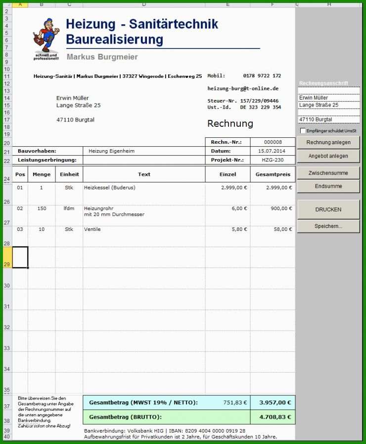 Vorlage Rechnung Excel