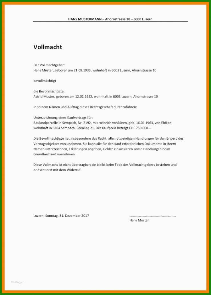 Vorlage Vollmacht Brief